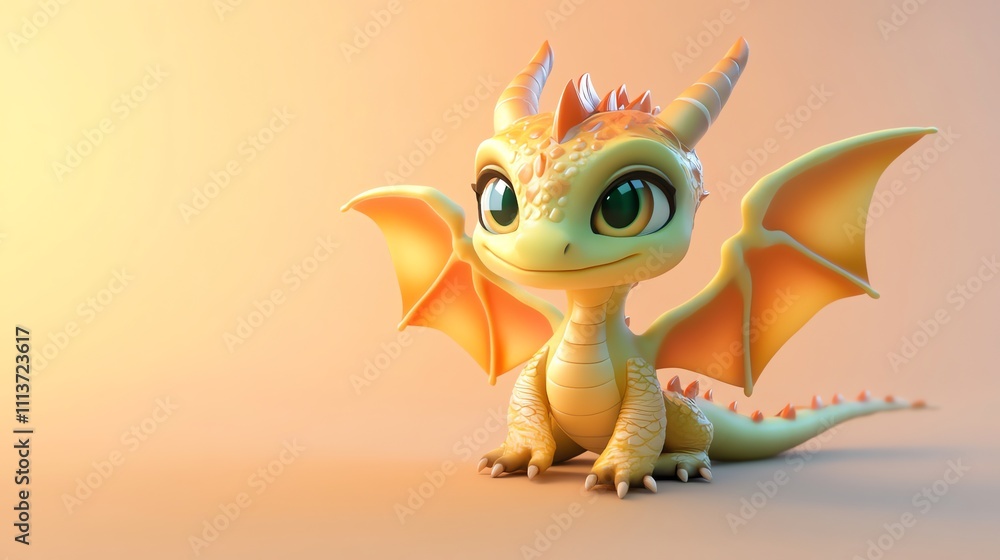 A 3D rendered cartoon dragon with big eyes, sits on an orange background. A 3D rendered cartoon dragon with big eyes, sits on an orange background.