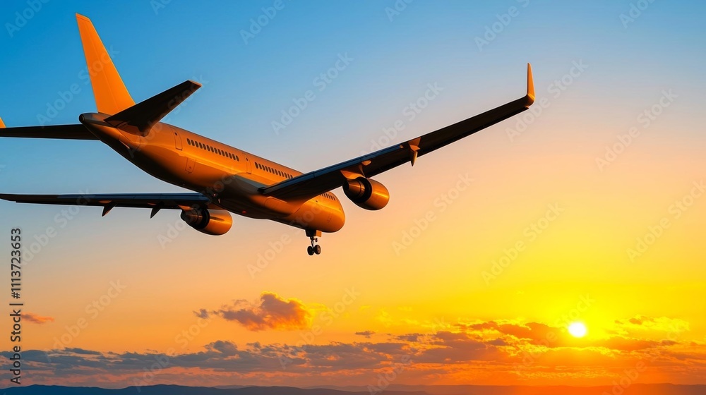 a photostock of a clean airplane wing silhouetted against a gradient sky, modern travel 2025 a photostock of a clean airplane wing silhouetted against a gradient sky, modern travel 2025