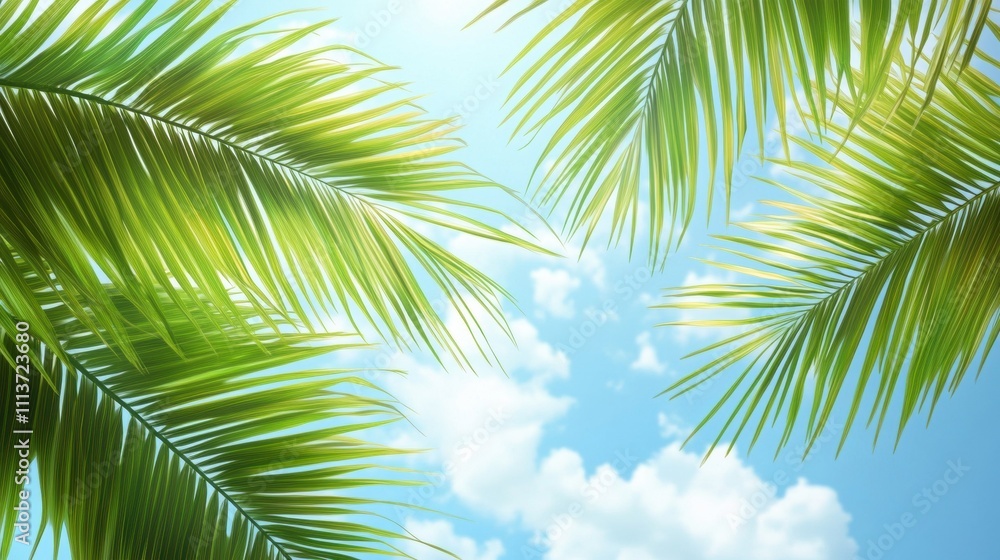 Vibrant green palm leaves against a bright blue sky, capturing a tropical vibe. Vibrant green palm leaves against a bright blue sky, capturing a tropical vibe.