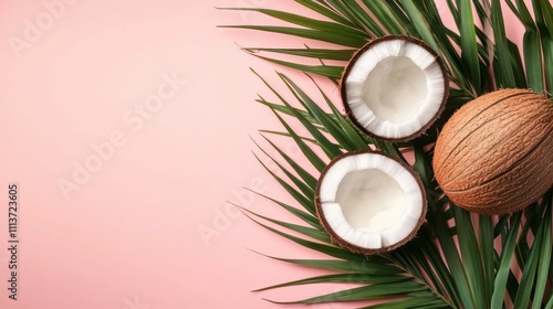 Coconuts and a melon surrounded by lush palm leaves on a soft pink background.