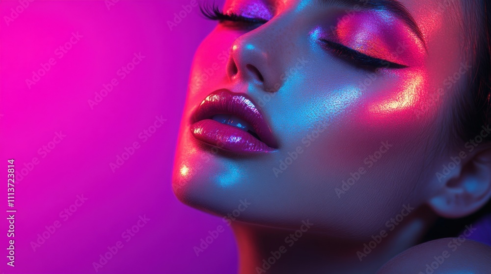 A close-up of a beautiful female model with glowing skin, vibrant makeup, and striking features, set against a colorful neon background. A close-up of a beautiful female model with glowing skin, vibrant makeup, and striking features, set against a colorful neon background.