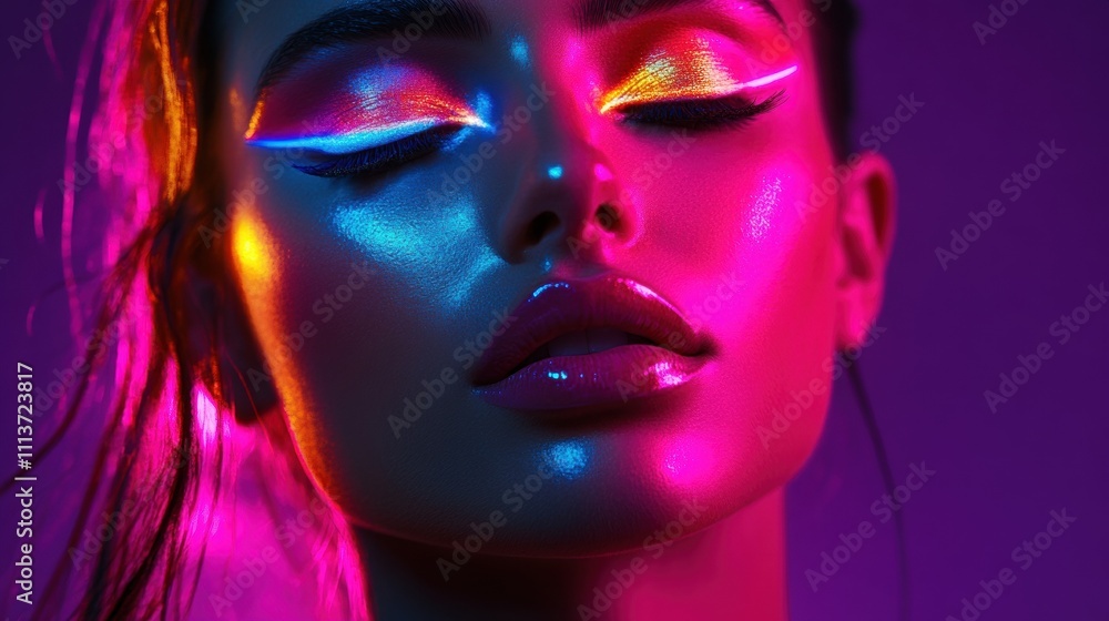 Close-up of a female model with vibrant neon makeup and glossy lips, exuding a futuristic and artistic vibe. Close-up of a female model with vibrant neon makeup and glossy lips, exuding a futuristic and artistic vibe.