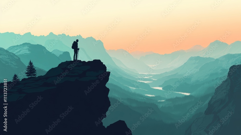 Silhouette of a solo hiker on a cliff at sunset, surrounded by mountains and a serene valley. Silhouette of a solo hiker on a cliff at sunset, surrounded by mountains and a serene valley.