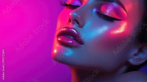 A close-up of a beautiful female model with glowing skin, vibrant makeup, and striking features, set against a colorful neon background.