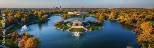 Bright autumn foliage surrounds the serene waters of St Louis Forest Park. Fountains play in the lakes, creating a picturesque landscape complemented by historic buildings. photo