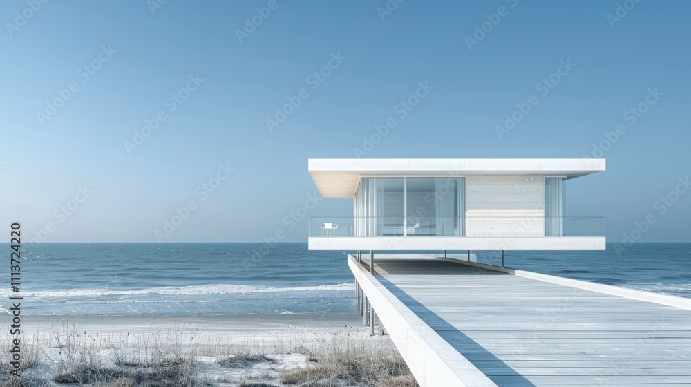 Modern beach house on stilts overlooking the ocean, showcasing minimalist architecture. Modern beach house on stilts overlooking the ocean, showcasing minimalist architecture.