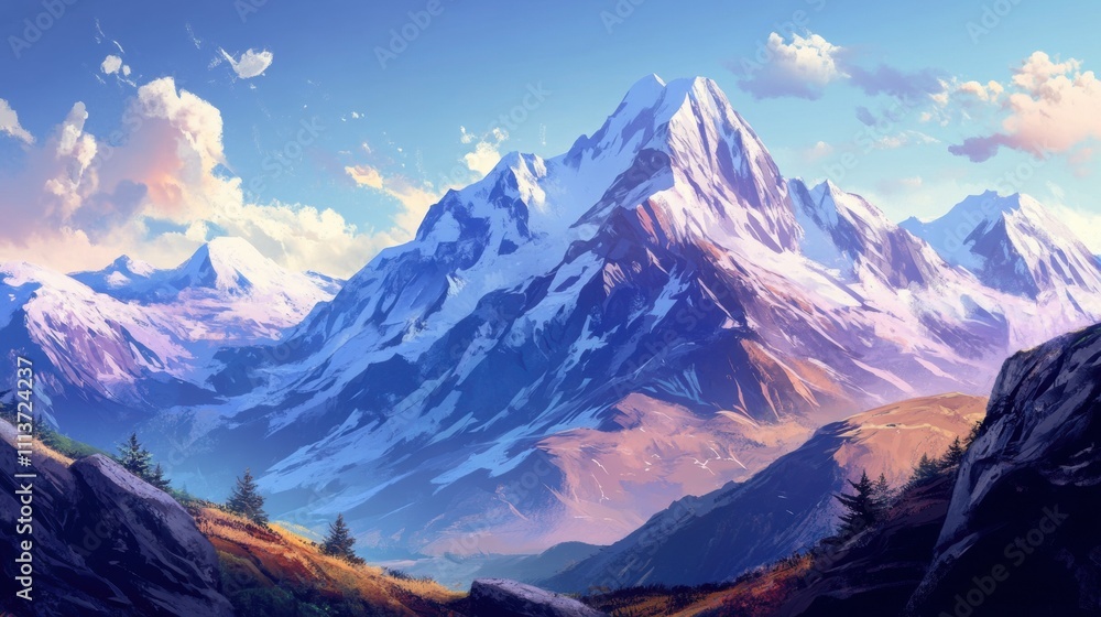 Majestic snow-capped mountains at sunrise, surrounded by vibrant valleys and a clear blue sky. Majestic snow-capped mountains at sunrise, surrounded by vibrant valleys and a clear blue sky.