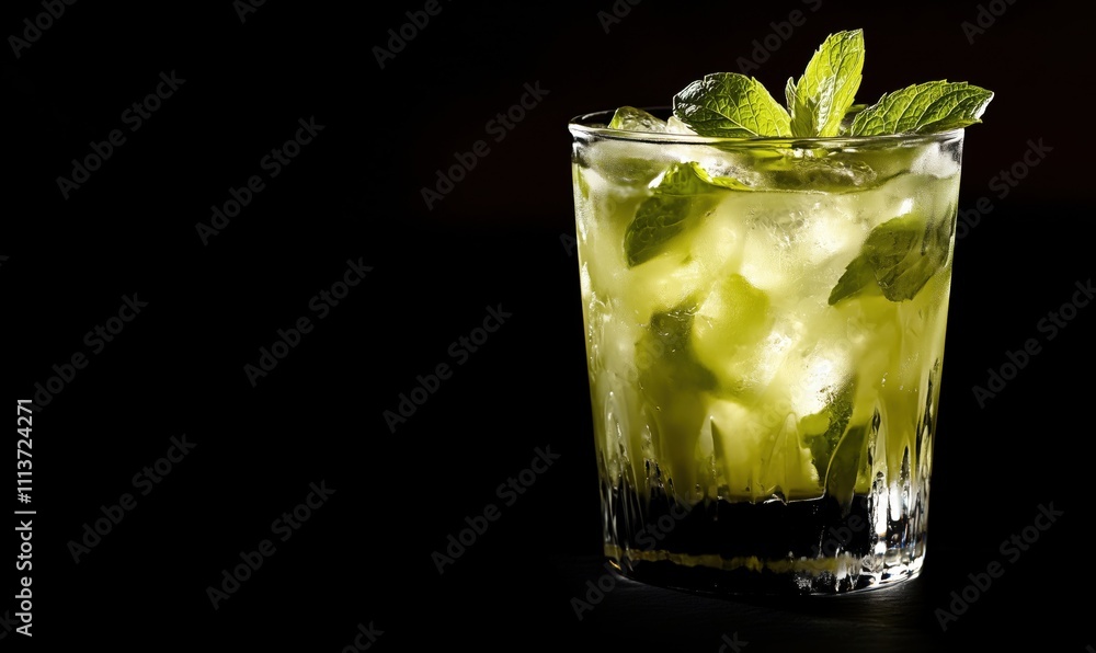 Refreshing mint cocktail with ice, mint leaves, and lime, served in a glass, dark background Refreshing mint cocktail with ice, mint leaves, and lime, served in a glass, dark background