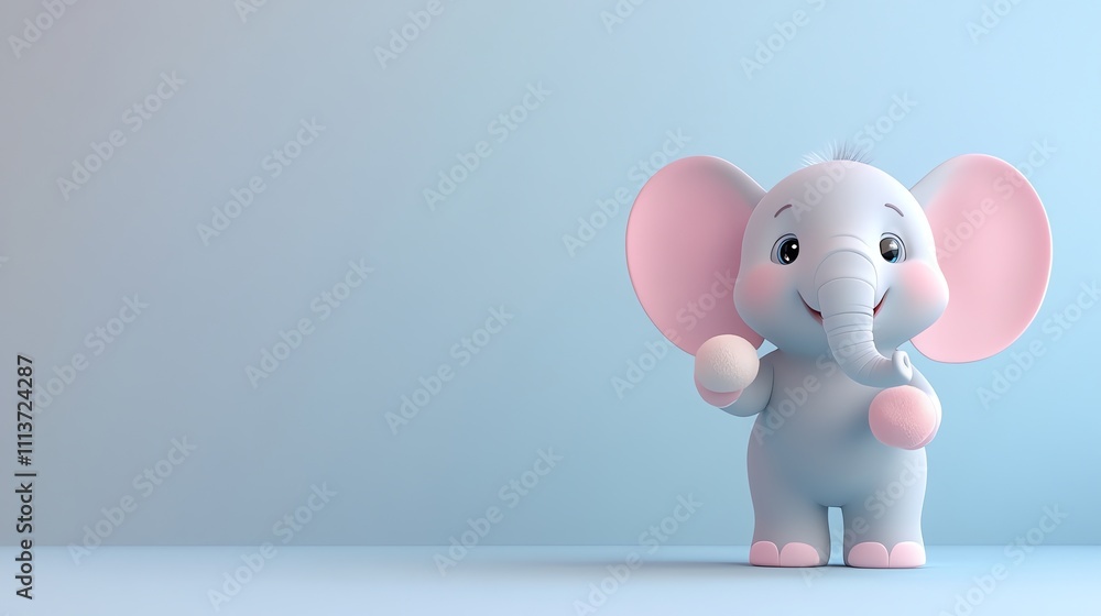 A 3D rendered cartoon elephant with big eyes is holding a snowball in front of a light blue background. A 3D rendered cartoon elephant with big eyes is holding a snowball in front of a light blue background.
