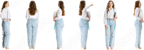 Принти на полотні Young woman wearing white blouse and light blue jeans, with measuring tape, isolated on transparent background