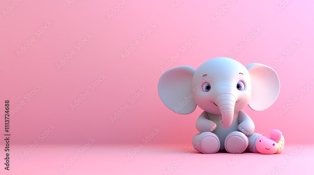 A 3D rendered cartoon elephant with big eyes is holding a pink and blue lollipop on a pink background. A 3D rendered cartoon elephant with big eyes is holding a pink and blue lollipop on a pink background.