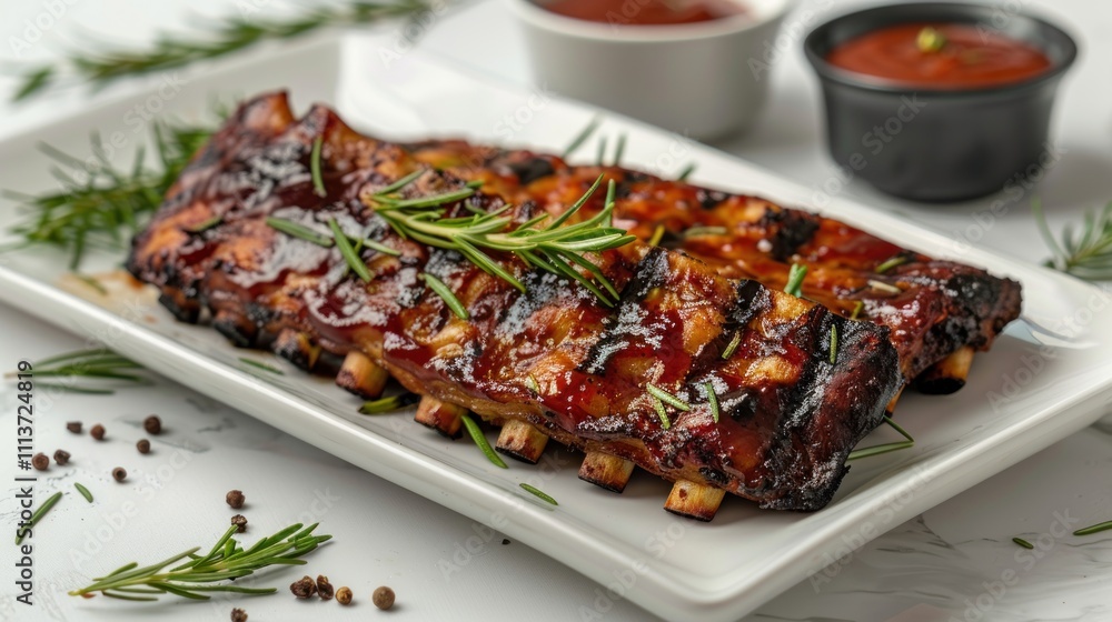 A plate of glazed ribs garnished with herbs, served with dipping sauce. A plate of glazed ribs garnished with herbs, served with dipping sauce.