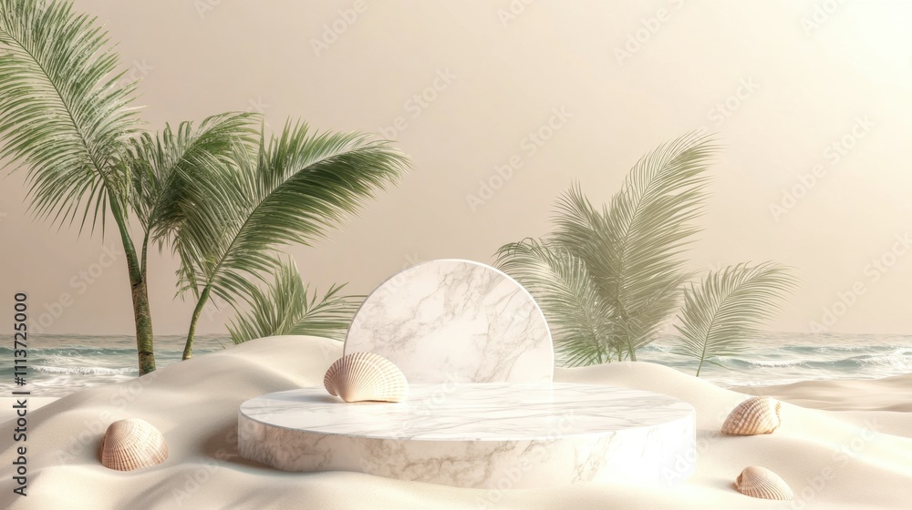 Obraz premium A serene tropical setting featuring a marble display pedestal on sandy shores with seashells and palm trees in the background.