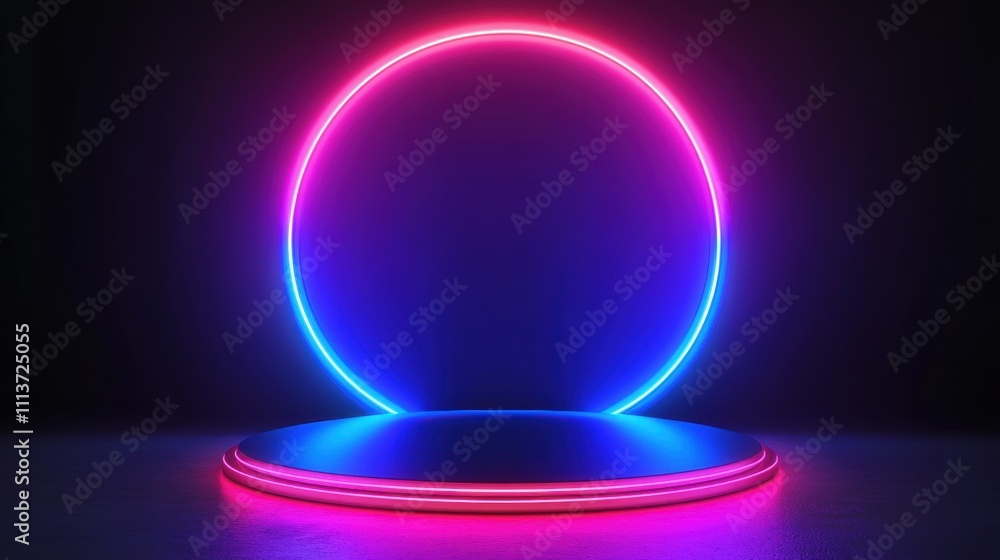 A vibrant circular showcase with neon blue and pink lights, creating a futuristic ambiance. A vibrant circular showcase with neon blue and pink lights, creating a futuristic ambiance.