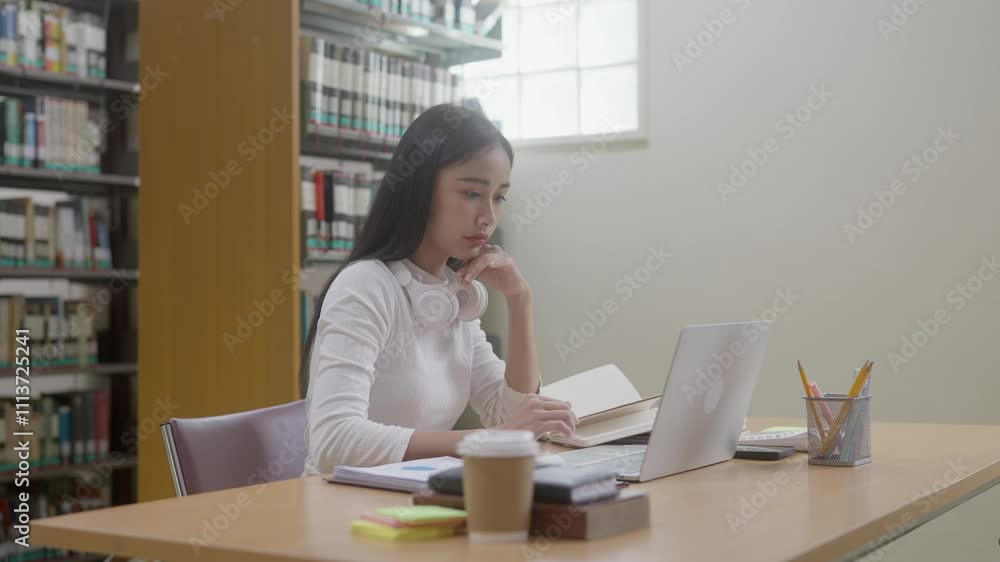 Asian female student research in library and using laptop preparing for exam Asian female student research in library and using laptop preparing for exam