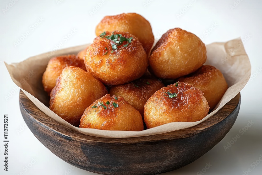 Rustic Wooden Bowl with Golden Fried Pastries Rustic Wooden Bowl with Golden Fried Pastries
