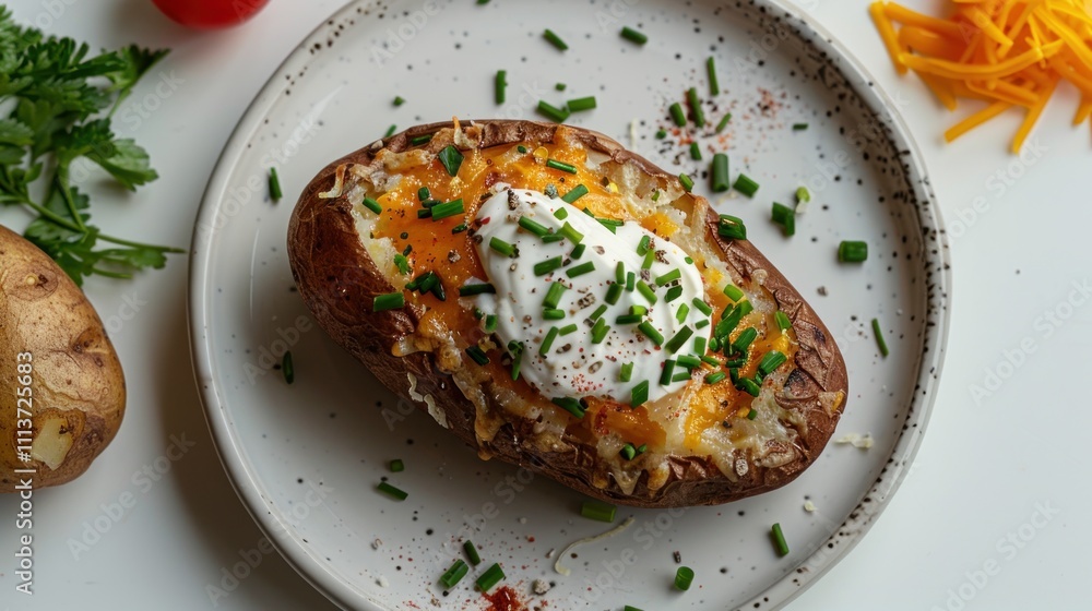 A baked potato topped with cheese, sour cream, and chives, served on a plate. A baked potato topped with cheese, sour cream, and chives, served on a plate.
