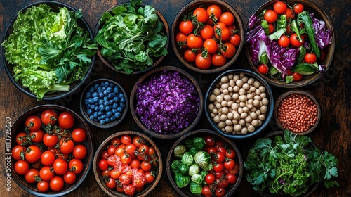 Vibrant Vegetable and Fruit Assortment in Rustic Bowls on Wooden Table