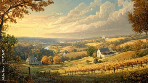 The breathtaking landscape reveals the Brandywine Valley adorned with vibrant autumn foliage, peaceful vineyards, and quaint homes under a colorful sky at sunset. photo