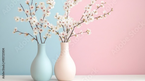 Two pastel-colored vases with delicate cherry blossoms.