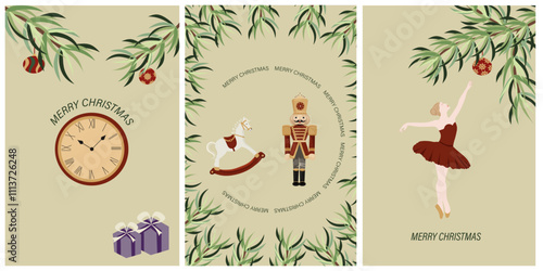 Merry Christmas conceptual background vector. Collection of nutcracker, ballet, wooden horse and ballerina. Design suitable for banner, invitation, decoration.
