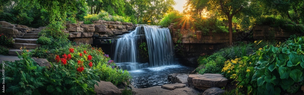 Obraz premium Visitors can enjoy the calming sound of water cascading down Minnehaha Falls as the sun sets, creating a beautiful atmosphere filled with nature’s colors.