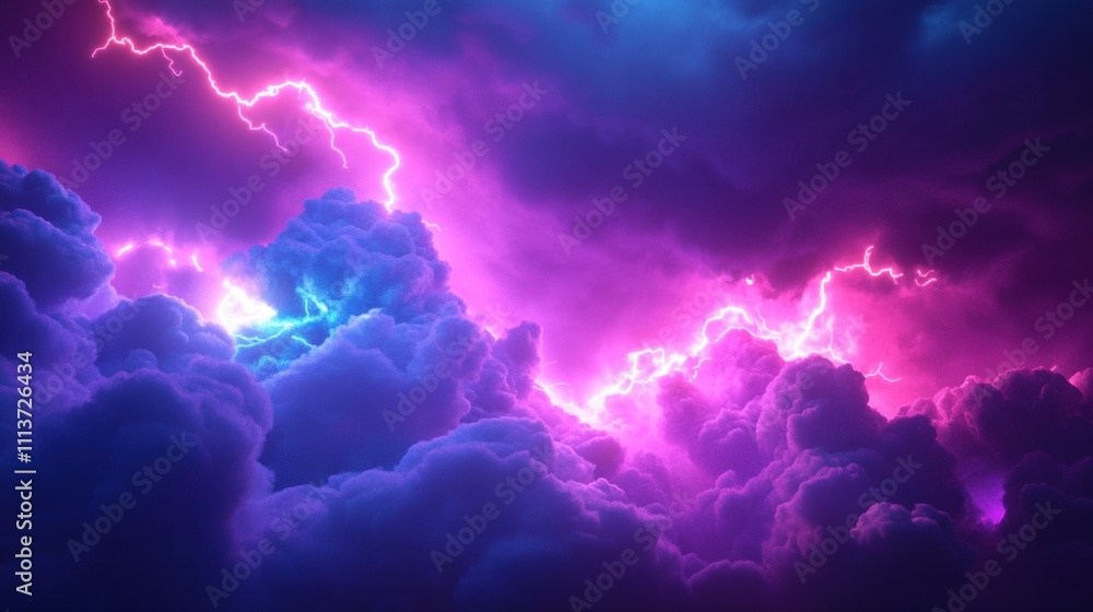 Vibrant purple and blue storm clouds illuminated by lightning, creating a dramatic and mystical atmosphere. Vibrant purple and blue storm clouds illuminated by lightning, creating a dramatic and mystical atmosphere.