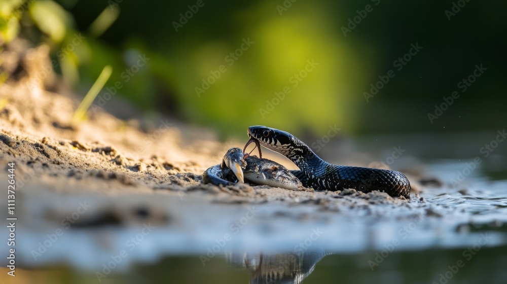 Two snakes consuming prey on sandy shoreline near water. Two snakes consuming prey on sandy shoreline near water.