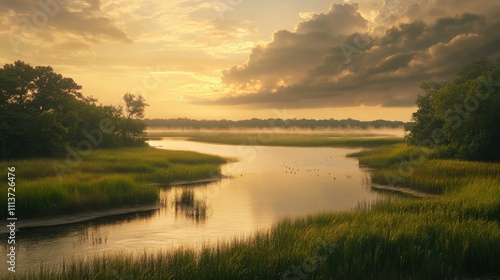 The marshlands of Bombay unfold in a serene display at dawn, with still waters mirroring a vibrant sky and lush greenery lining the banks.