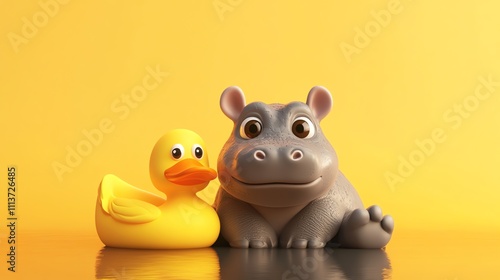 A cute cartoon hippopotamus and a yellow rubber duck are sitting on a yellow background.