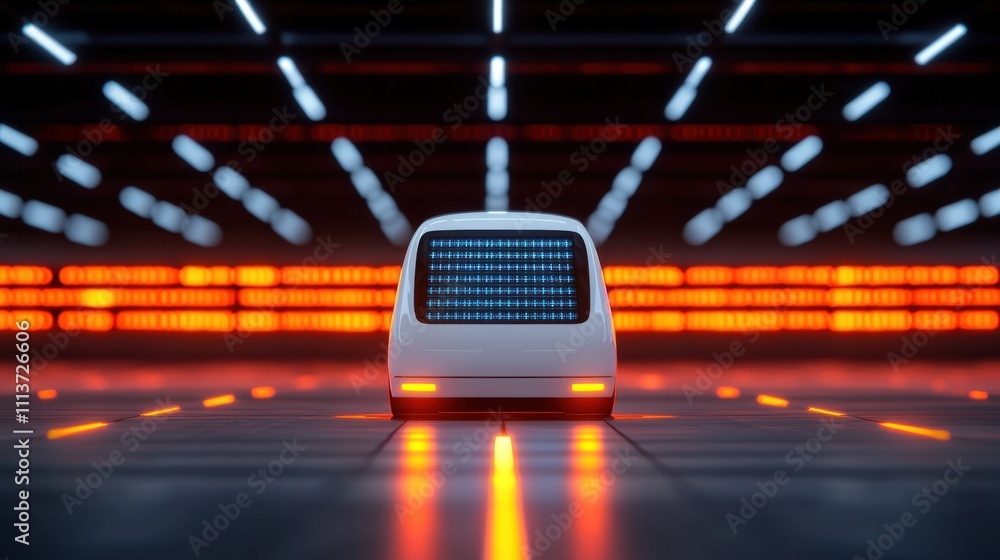 A futuristic vehicle with a grid-like rear design, set against a vibrant, illuminated background, showcasing modern technology and innovation. A futuristic vehicle with a grid-like rear design, set against a vibrant, illuminated background, showcasing modern technology and innovation.