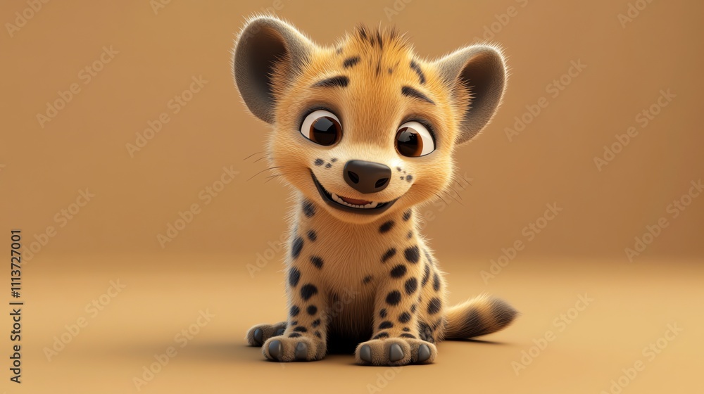 A cute cartoon baby hyena on a beige background.