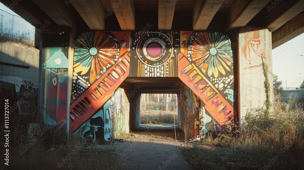 Underpass tunnel, vibrant painted walls, nature's encroachment.