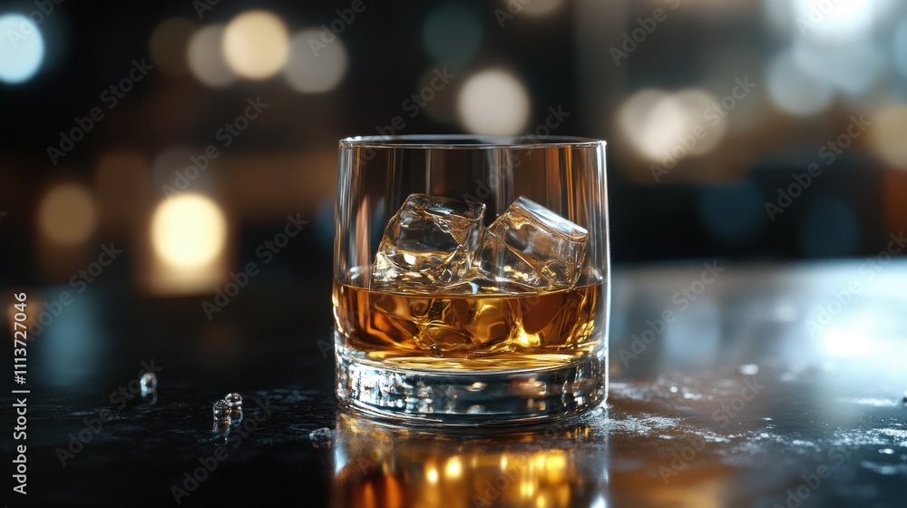 A close-up of a glass of whiskey on a dimly lit bar, showcasing vibrant hues and glistening ice cubes. A close-up of a glass of whiskey on a dimly lit bar, showcasing vibrant hues and glistening ice cubes.