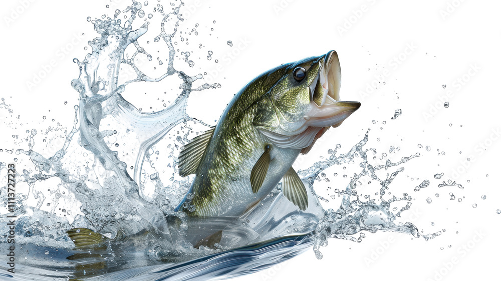 Dynamic 3D Rendering of Bass Jumping Out of Water with Isolated Background for Creative Projects Dynamic 3D Rendering of Bass Jumping Out of Water with Isolated Background for Creative Projects