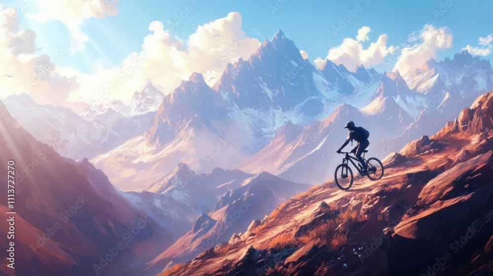 A determined cyclist conquers a mountain trail, surrounded by stunning snowy peaks and vibrant skies. A determined cyclist conquers a mountain trail, surrounded by stunning snowy peaks and vibrant skies.