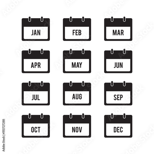 calendar 12 month icon set, color signs for all months of the year