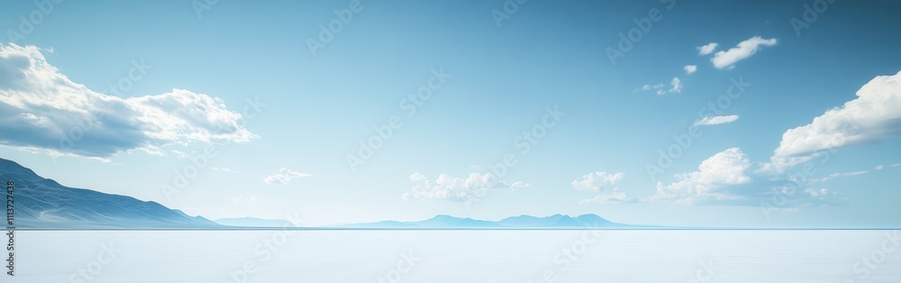 The vast salt flats stretch into the horizon, reflecting the bright blue sky and fluffy clouds, while faint mountains create a beautiful backdrop in the distance. The vast salt flats stretch into the horizon, reflecting the bright blue sky and fluffy clouds, while faint mountains create a beautiful backdrop in the distance.