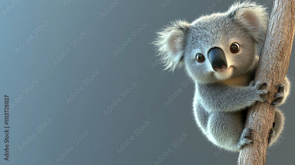 A 3D rendered cartoon koala with big eyes is hugging a tree branch in front of a grey background. A 3D rendered cartoon koala with big eyes is hugging a tree branch in front of a grey background.