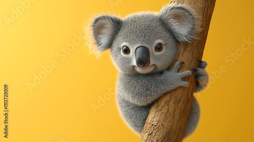 A 3D rendered cartoon koala with big eyes is hugging a tree branch in front of a yellow background. photo