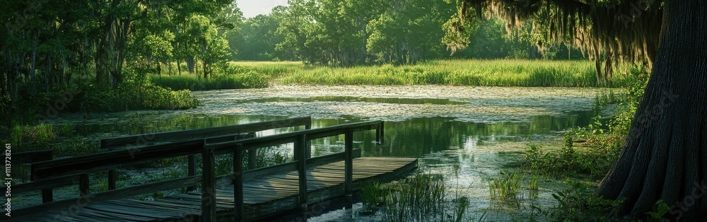 Morning light casts a gentle glow on the Atchafalaya Basin, where a wooden bridge leads to serene waters surrounded by rich greenery and peaceful reflections. Morning light casts a gentle glow on the Atchafalaya Basin, where a wooden bridge leads to serene waters surrounded by rich greenery and peaceful reflections.