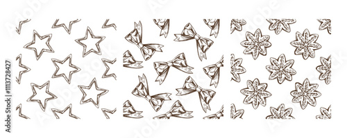 Christmas vintage seamless pattern with stars, bows, snowflakes, and ginger cookies