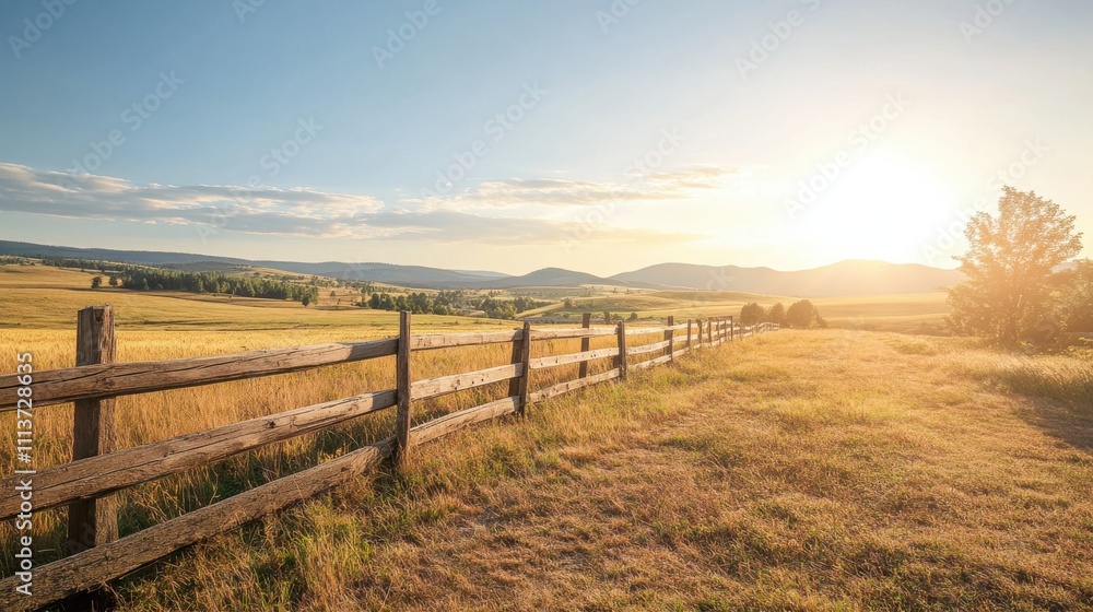A rustic wooden fence stretches alongside a golden field, creating a peaceful atmosphere as the sun sets over distant hills and lush greenery. A rustic wooden fence stretches alongside a golden field, creating a peaceful atmosphere as the sun sets over distant hills and lush greenery.