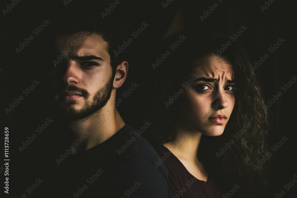 Two individuals stand side by side in a dimly lit space, highlighting their distinct emotions through their expressions and body language, creating a captivating contrast. Two individuals stand side by side in a dimly lit space, highlighting their distinct emotions through their expressions and body language, creating a captivating contrast.