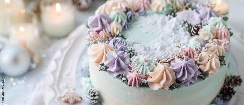A close-up high-angle photo of a beautifully decorated bohemian round cake with a Christmas hygge design on top. A close-up high-angle photo of a beautifully decorated bohemian round cake with a Christmas hygge design on top.