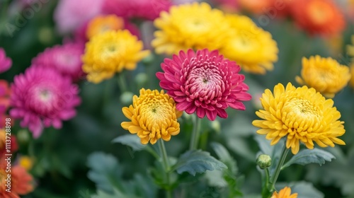 Vibrant colorful chrysanthemum flowers in a garden setting.