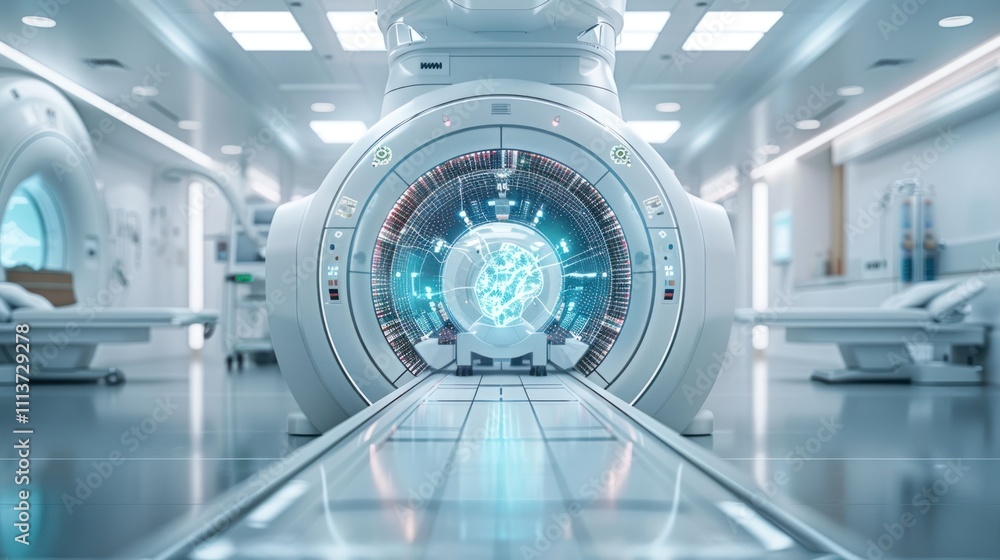 A futuristic MRI machine in a clinical setting, showcasing advanced medical technology. A futuristic MRI machine in a clinical setting, showcasing advanced medical technology.