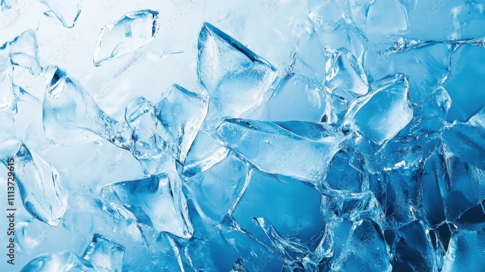 Close-up of transparent ice shards with a blue tint, creating a cool and refreshing visual texture.