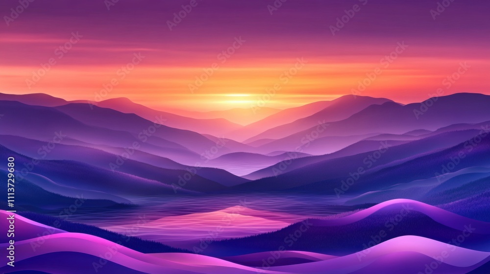 A stunning sunset over layered mountains, blending purple and orange hues in a tranquil valley setting. A stunning sunset over layered mountains, blending purple and orange hues in a tranquil valley setting.