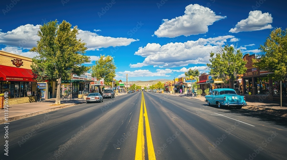 Fototapeta premium Bright skies and vibrant shops create a picturesque setting along the historic Route, where classic cars enhance the charming atmosphere of this lively street.